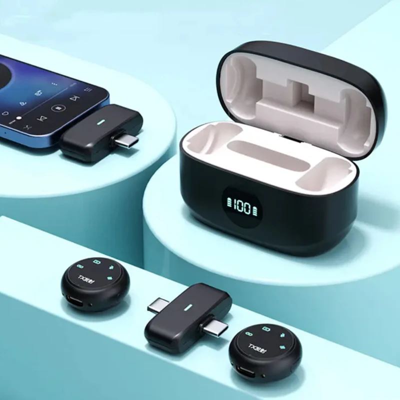 ست میکروفن یقه‌ای بی‌سیم 2 کاربره مدل K31pro با درگاه لایتنینگ و USB Type-C، دارای کیس شارژ و قابلیت کاهش نویز