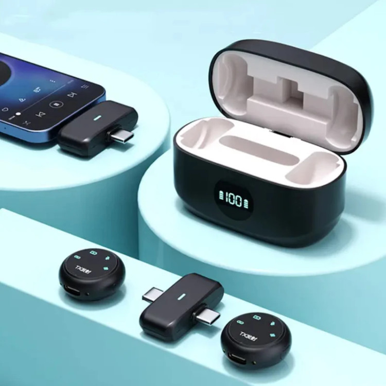 ست میکروفن یقهای بیسیم 2 کاربره مدل K31pro با درگاه لایتنینگ و USB Type-C، دارای کیس شارژ و قابلیت کاهش نویز